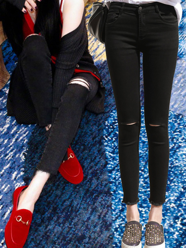 Mini Yang Star Same Black Jeans Women's Ankle-length Pants Korean Style High Waist Ripped Leggings Thin and Tall