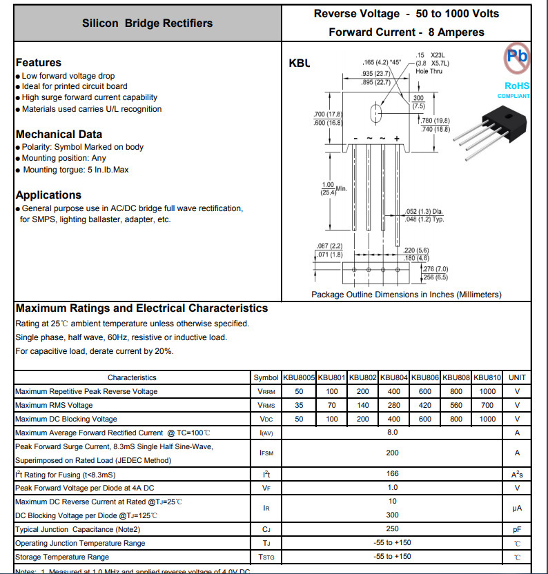 原厂直供 KBU806 8A 600V 整流桥堆 直插扁桥 整流器 红铜圆脚-阿里巴巴