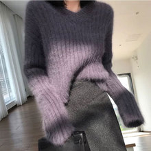 韓國2023春冬新款女裝韓版網紅設計感V領馬海毛套頭短款針織毛衣