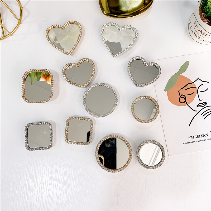20g Weight Universal Applicable Brands Metal Material Round, Square, Heart Shape Pattern Fashion Style Korean Style Ins Style Diamond-embedded Heart Shape Mirror Airbag Bracket Adhesive Retractable Mobile Phone Bracket Desktop Lazy Bracket 1