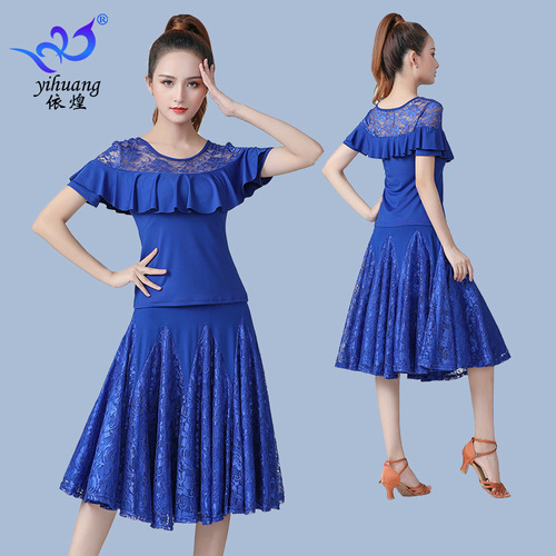 Red black blue lace Latin dance dresses for women girls lace swing skirts short sleeve ballroom salsa chacha dance Three step dance costumes