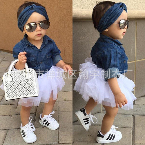 Factory Direct Supply Hot Selling European and American Baby Sets Long-sleeved Denim Top for Girls Puffy Skirt Three-piece Set 