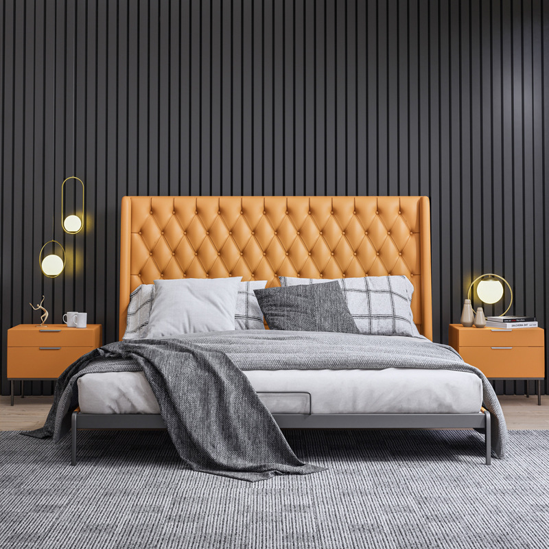 Cama de cuero genuino Yihai Xuan, estilo minimalista italiano, cama doble para dormitorio principal, modelo de diseño, cama de cuero de primera calidad importada, cama grande.