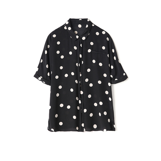 Summer women’s elegant temperament silk polka dot print Polo straight tube blouse