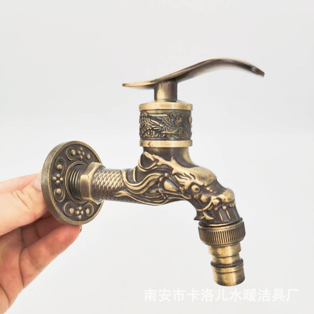 The overseas model features an antique bronze-patterned dragon spout, an alloy copper core, and a bronze-colored European-style faucet with a single cooling nozzle undefined
