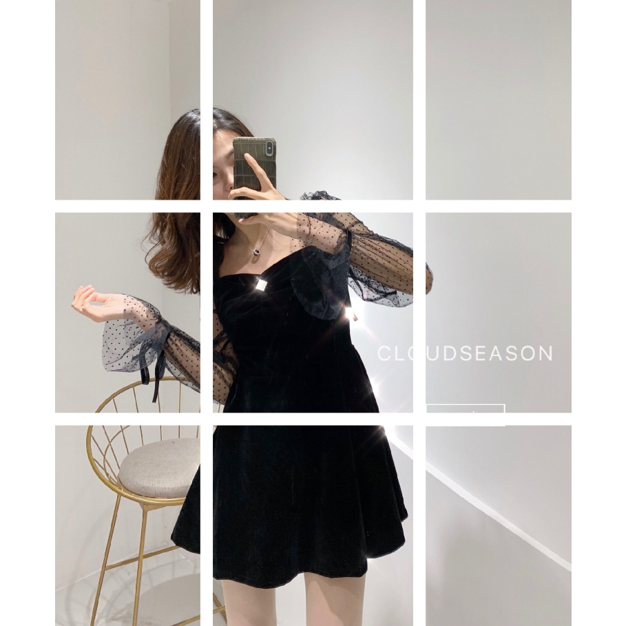 2019春季新款网纱女装裙 Cloud Season 丝绒拼接吊带小清新连衣裙