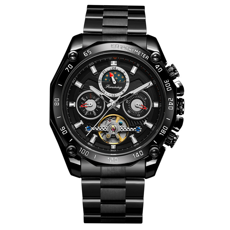 FORSINING hombres de negocios correa de acero reloj mecánico automático multifunción reloj de seis pines Placa de reloj mecánico 6913