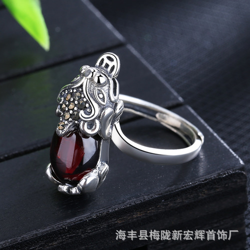 Cross-border Lucky Pixiu Ring for Men and Women Retro Silver Garnet Open Ring Ethnic Style Hand Jewelry Manufacturer Direct Supply