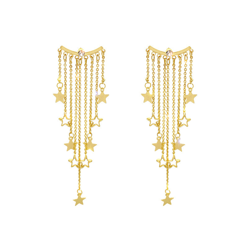 Light Luxury Elegant Exaggerated Long Star Tassel Earrings Korean Style Internet Celebrity Elegant Exaggerated Big Ear Studs Women's 925 Silver Needle