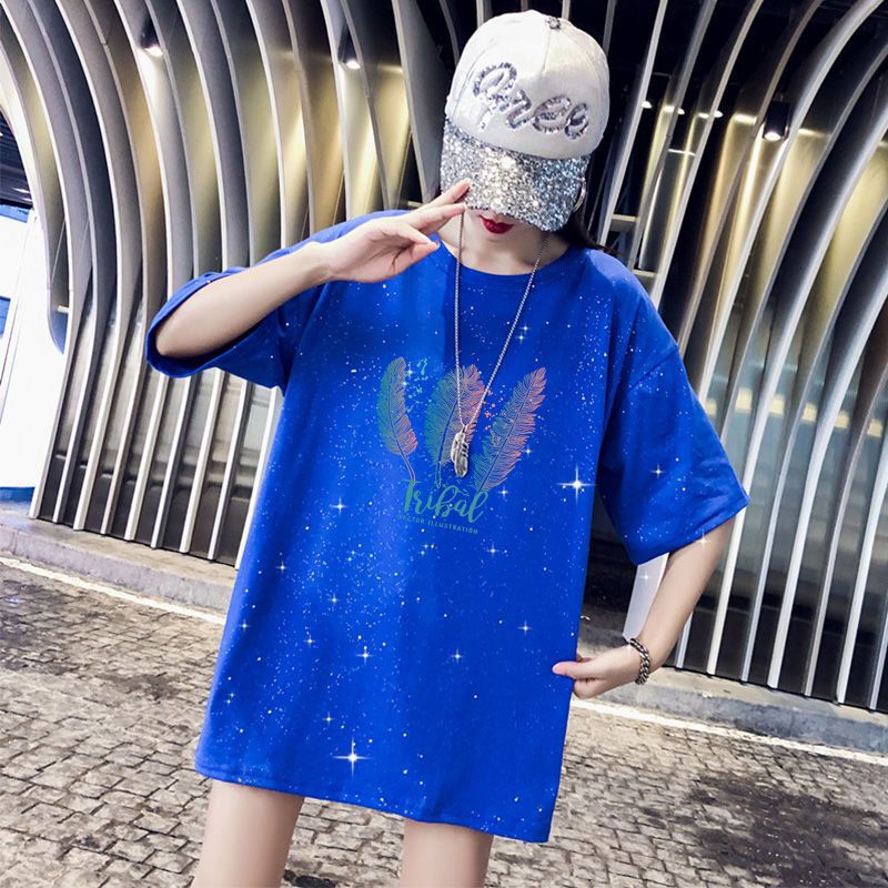 Mid-Length Short-Sleeved T-Shirt 2025 Women's Summer Fat mm Top Loose Slimming Look Shiny Sequins Cover Belly Plus Size Women's Clothing Trendy