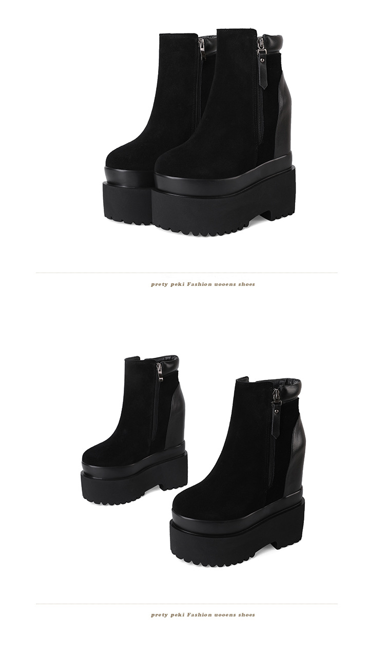 Boot nữ cổ thấp da lộn gót siêu cao 16 cm đế dày tăng chiều cao — Lót lông đen chi tiết 7