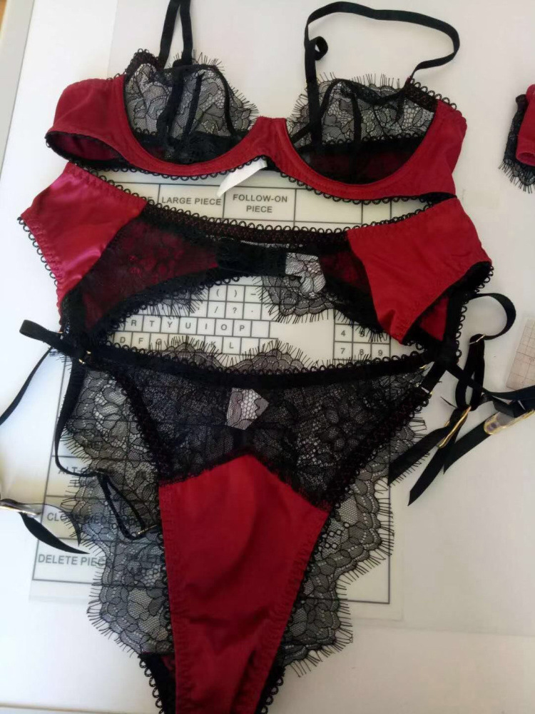 Wriufred Sexy Lace Satin Push Up Bra and Briefs Set Perspective Sexy Lingerie Set Three-piece Bralette Set Ladies Underwear