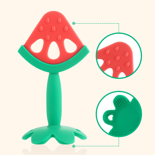 Three-dimensional fruit baby bite happy liquid silicone boilable teether molar stick wholesale strawberry toy