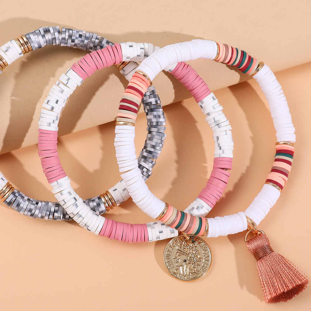 Colored Soft Ceramic Metal Piece Elastic Cord Bracelet 3-piece Set display picture 1