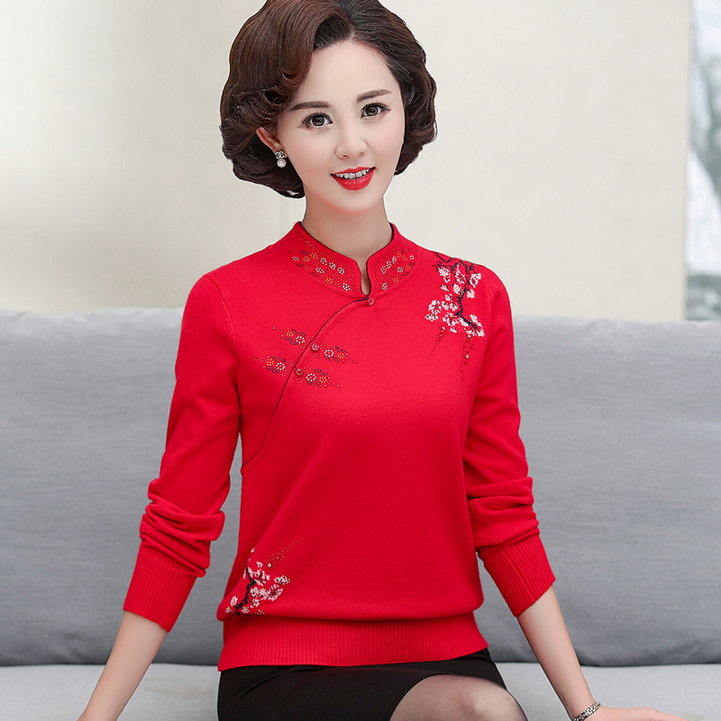 中老年女裝時尚針織衫繡花旗袍領媽媽裝大碼寬松打底衫秋冬毛衣女