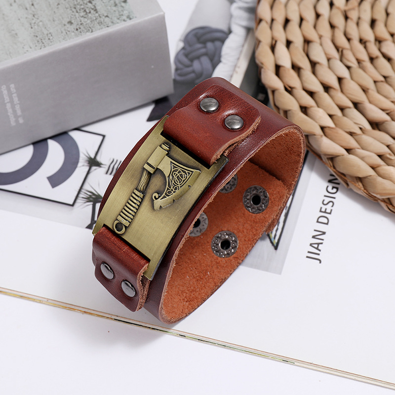 Viking Tomahawk Leather Retro Simple Punk Menu0027s Locomotive Wide Leather Bracelet wholesale nihao