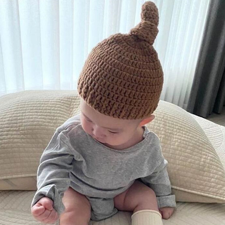 韩版潮童新款纯色婴儿帽新生儿纯手工编织棉线帽子儿童打结啾啾帽