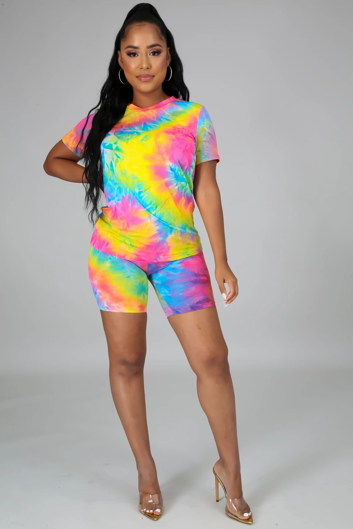 tie-dye round neck short sleeve top & shorts 2-piece sports set NSCYF73126