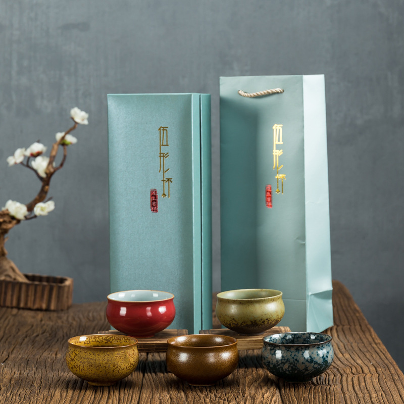 Cinco elementos taza cerámica Kung Fu taza de té maestro taza conjunto cinco famoso horno taza única taza de té horno cambio caja de regalo cubierta de embalaje