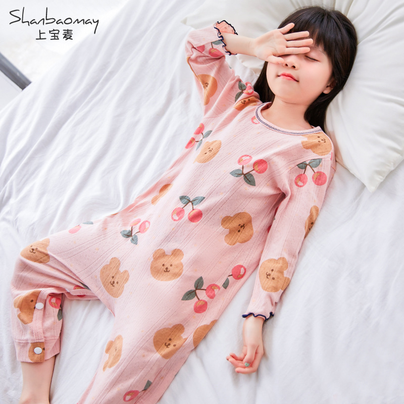 SHANGBAUMAIQIU 새로운 어린이 소매 긴 소매 면 잠옷 여자를위한 홈 옷 안티 콜드 파자마