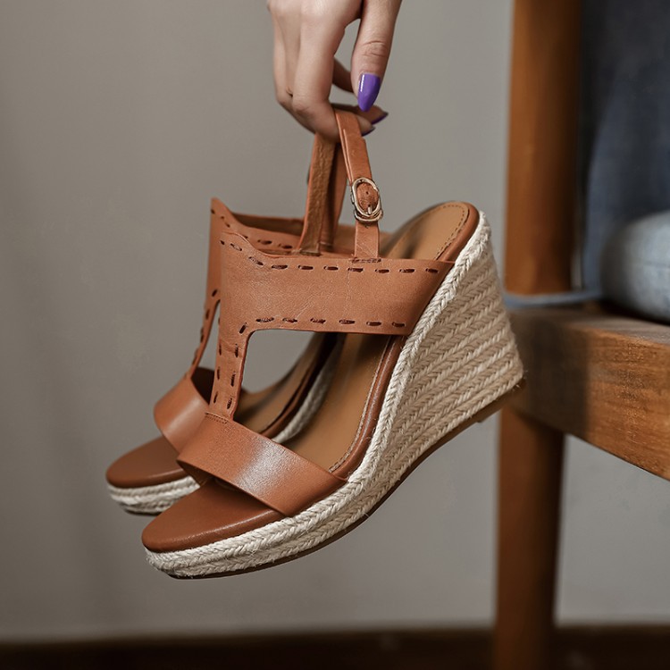 Retro straw universal casual sandals platform open toe wedge heel…