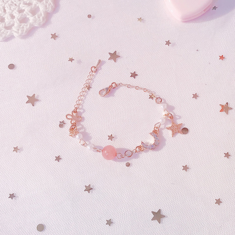 Bracelet for Girls Ins Niche Design Bestie Pink Crystal Strawberry Crystal Student Beads Beaded K-Style Simple Stylish