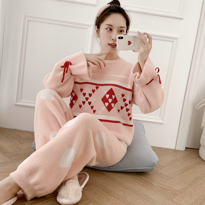 [Special Clearance No Return No Change] WENS Winter Imitation Mink Hair Comfortable Home Thickened Warm Sweater Pajamas for Women