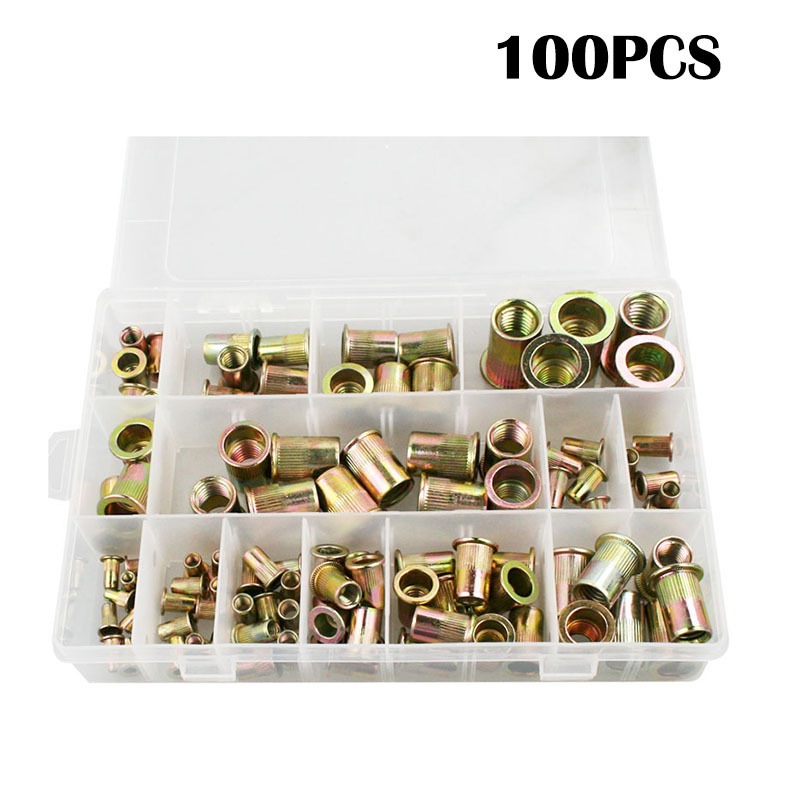 跨境100pcs盒装公英制组合平头竖纹拉铆螺母M3-M12镀彩锌厂家货源