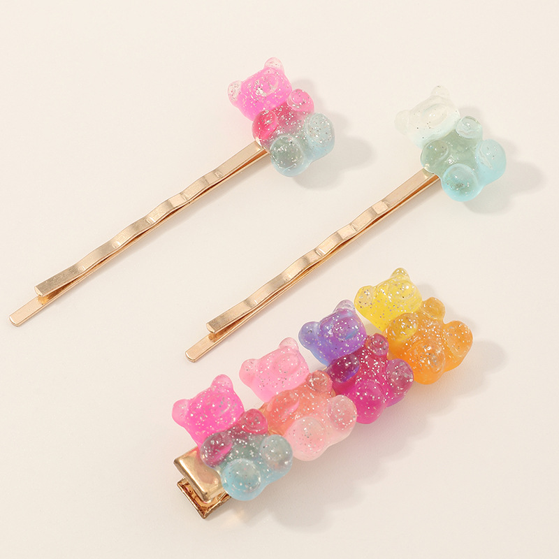 Sweet Crystal Flower Hairpin Candy Color Bear Side Clip Set Wholesale Nihaojewelry display picture 4