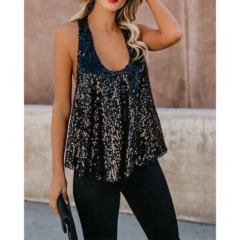 Women's Sexy Round Neck Loose Sequins Double-layer Sleeveless Top display picture 1