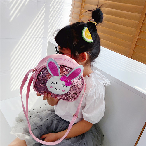 Han edition girls inclined children bag bag, fashion princess baby girl cute little rabbit sequined single shoulder bag