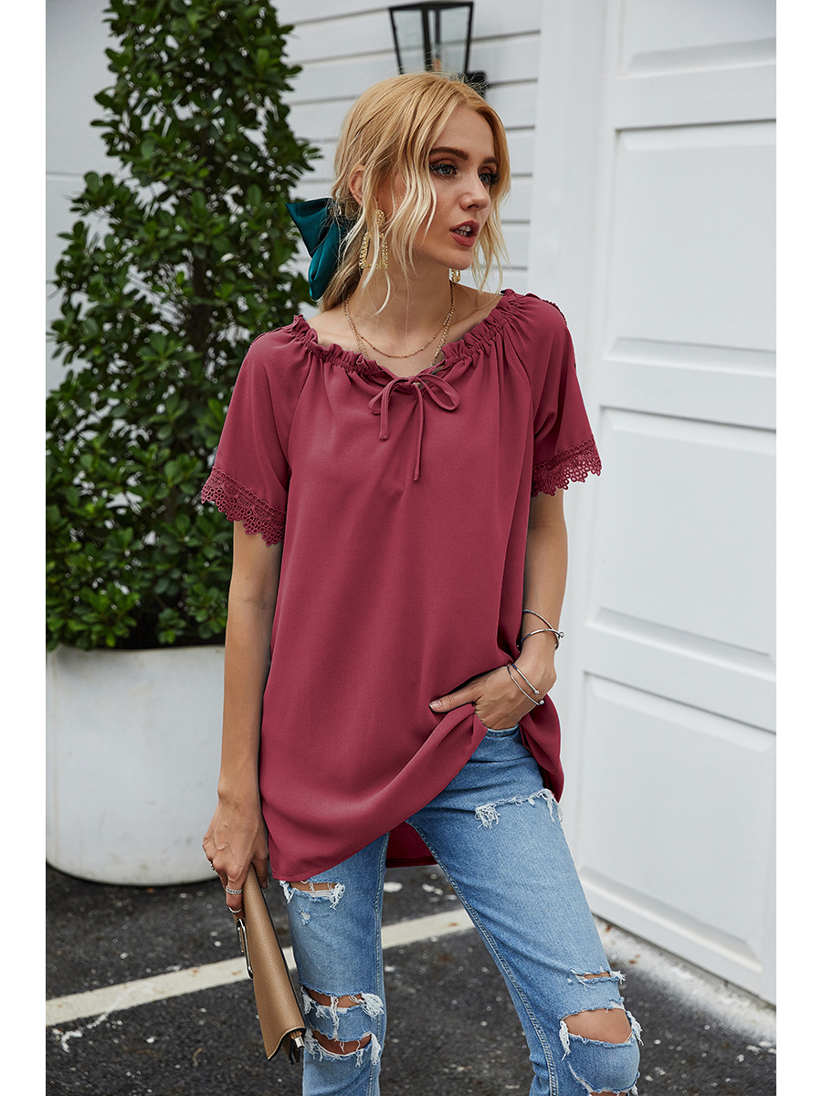 solid color lace one-shoulder hooded casual short-sleeved T-shirt NSAL2880