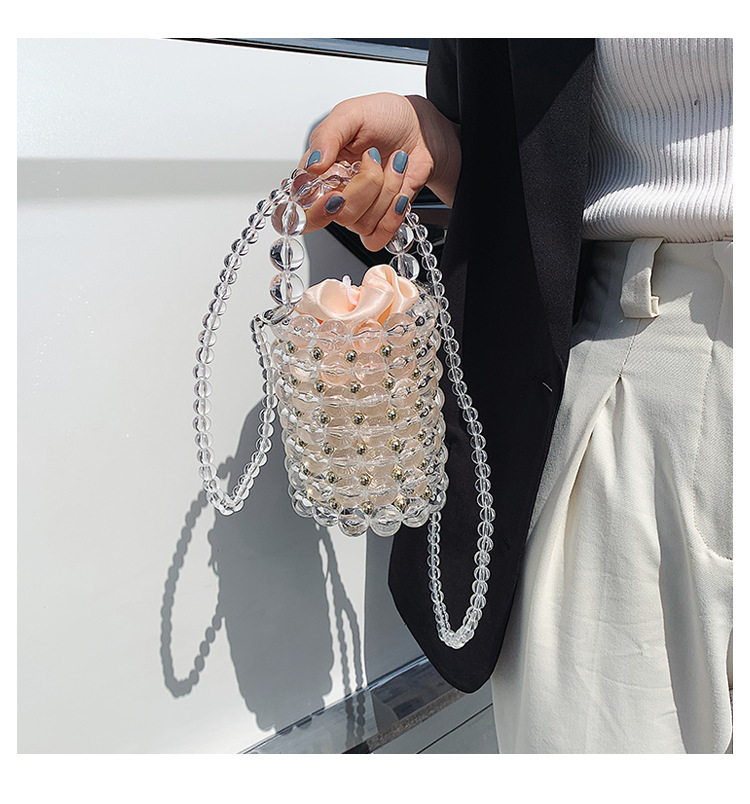 Crafts Transparent Beads Dinner Bag Beaded Bag Round Barrel Small Handbag Pearl Basket Bag Shoulder Portable display picture 14