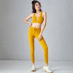 春夏新款裸感瑜伽健身套裝女 鏤空款運動內衣帶口袋瑜伽褲兩件套