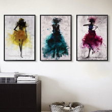 三联女孩跳舞水彩抽象画布绘画艺术打印海报现代家居装饰画芯批发