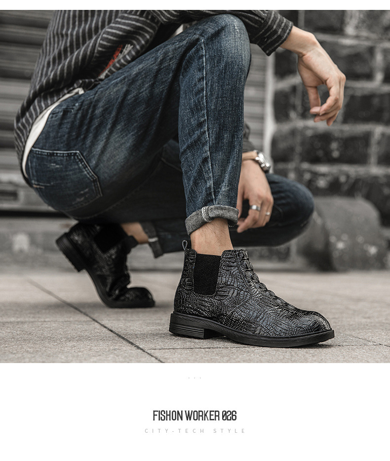 Autumn and winter warm crocodile pattern cowhide Martin boots