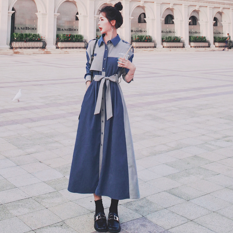 法式桔梗长袖衬衫连衣裙女2020春秋新款名媛气质收腰显瘦丝绒长裙