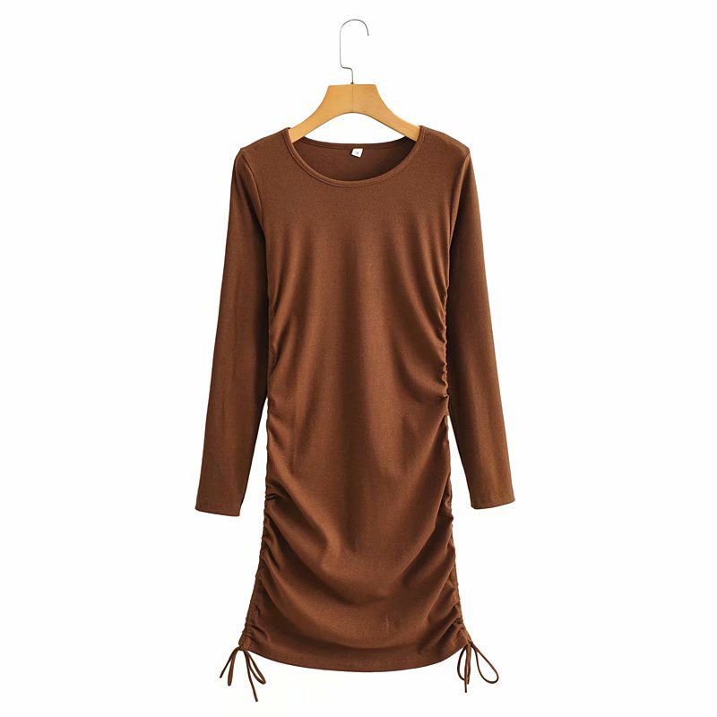 autumn round neck long-sleeved slimming two-sided drawstring knitted dress NSAM6735