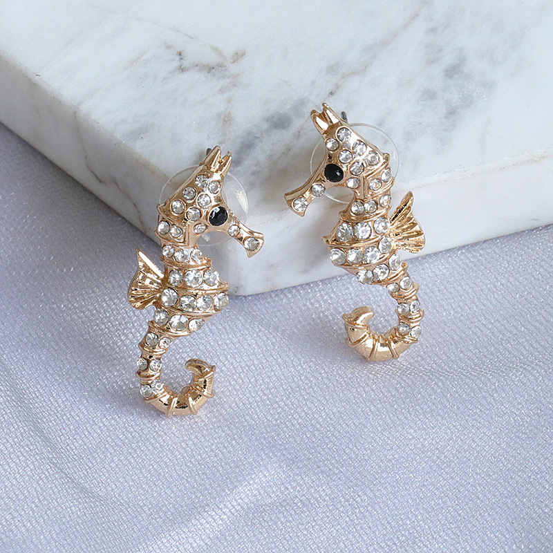 New Ocean Series Full Diamond Glass Hippocampal Earrings Fashion Exaggerated Earrings Wholesale display picture 5