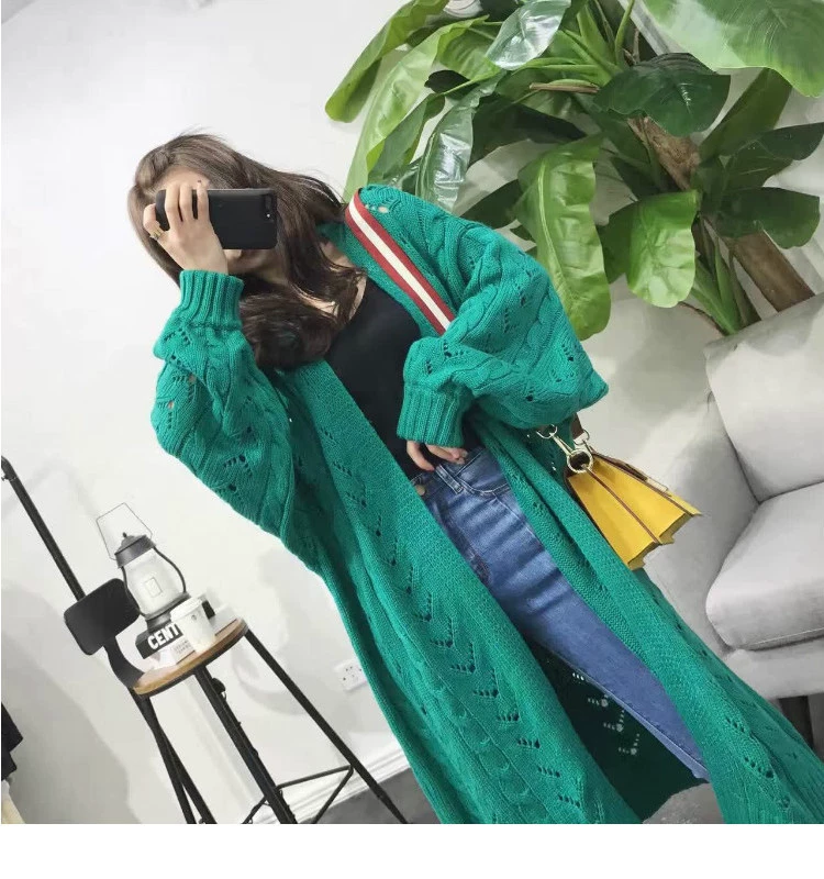 Южная Корея отверстие полый длинный рукав фонарь сплошной цвет тонкий пиджак твист вязаный кардиган CD #1259