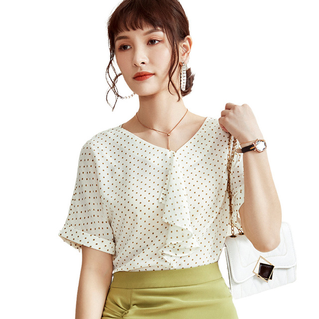 Korean women’s ruffles and loose thin wave Point Short Sleeve Chiffon Blouse