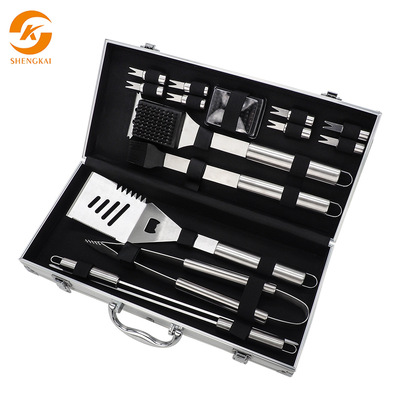 戶外16件不鏽鋼管柄烤具套裝 bbq鋁箱燒烤工具便攜套裝