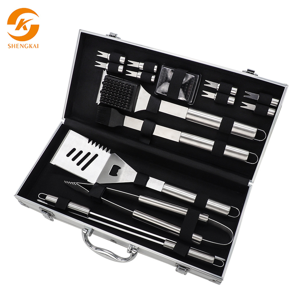 戶外16件不鏽鋼管柄烤具套裝 bbq鋁箱燒烤工具便攜套裝