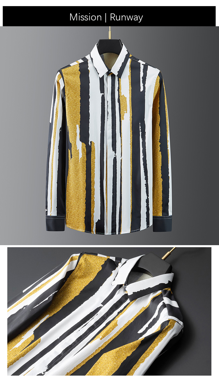 Description Picture 2 of item2023 Court Style Striped Shirt Men 100% Cotton Long Sleeve Casual Shirts High-quality Business Dress Shirts Social Party Tuxedo