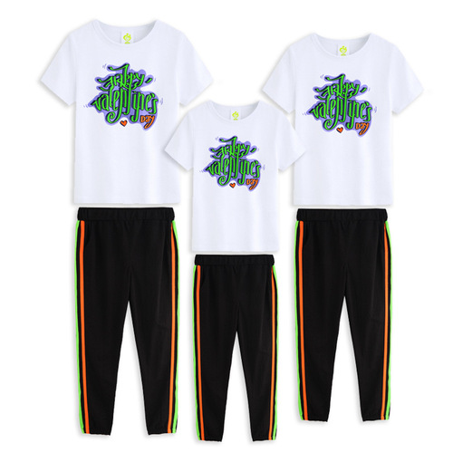 Spring and summer parent-child wear, short-sleeved black trousers, family of three, mother, daughter, father and son, casual sports suits, plus size