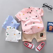 男童棉麻短袖衬衫套装卡通小熊T恤衣服婴儿宝宝纯棉两件套童装潮