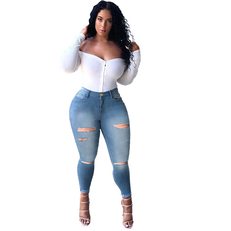 plus size high stretch hole slim jeans nihaostyles wholesale clothes NSWL92377