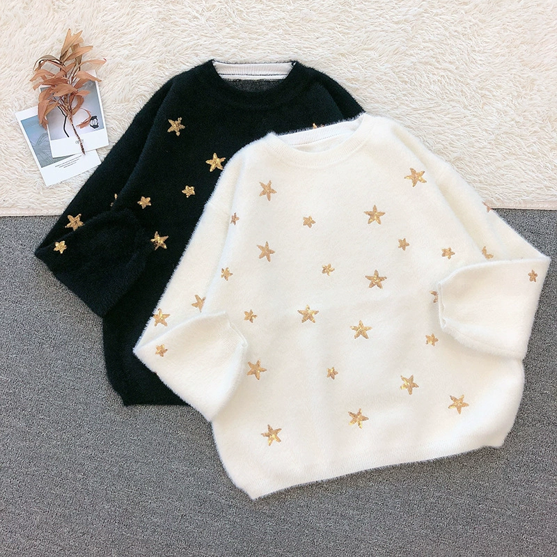 Ленивый Стиль Интернет Знаменитости Норки Бархатный Свитер Пятиугольная Звезда Бусина Нишевый Дизайн Уменьшающий Возраст Осень и Зима Новый Пуловер С Длинным Рукавом Женщины