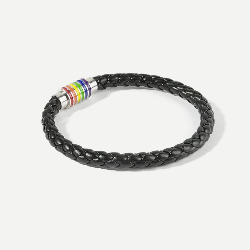 simple braided leather rainbow color titanium steel magnet buckle bracelet