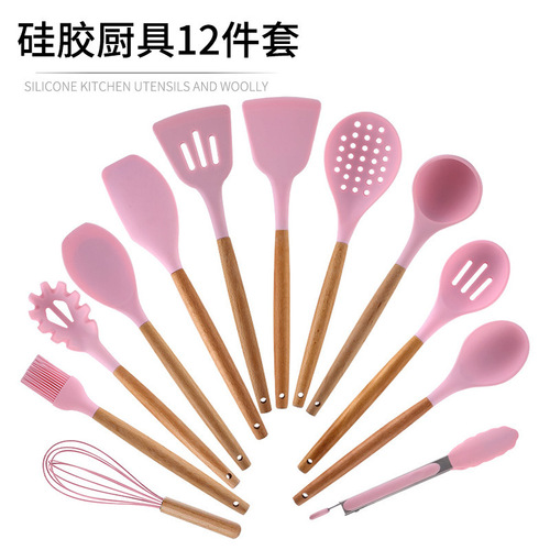 Beech handle silicone kitchen utensil twelve-piece set spatula soup spoon kitchen utensils non-stick pan egg clip Nordic style baking spatula